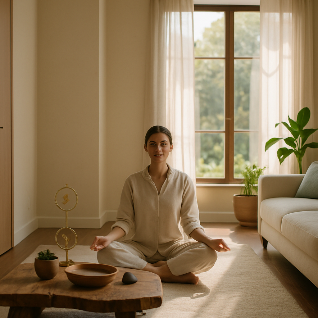 Calm interior with soft light and balanced natural elements representing aligned energy